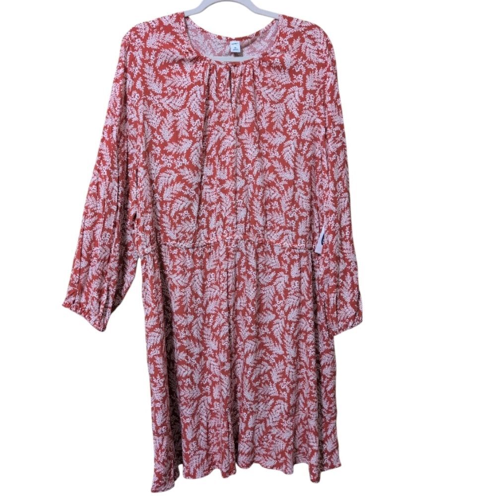 NWT Old Navy Waist-Defined Keyhole Dress rust white leaf print elastic waist XXL